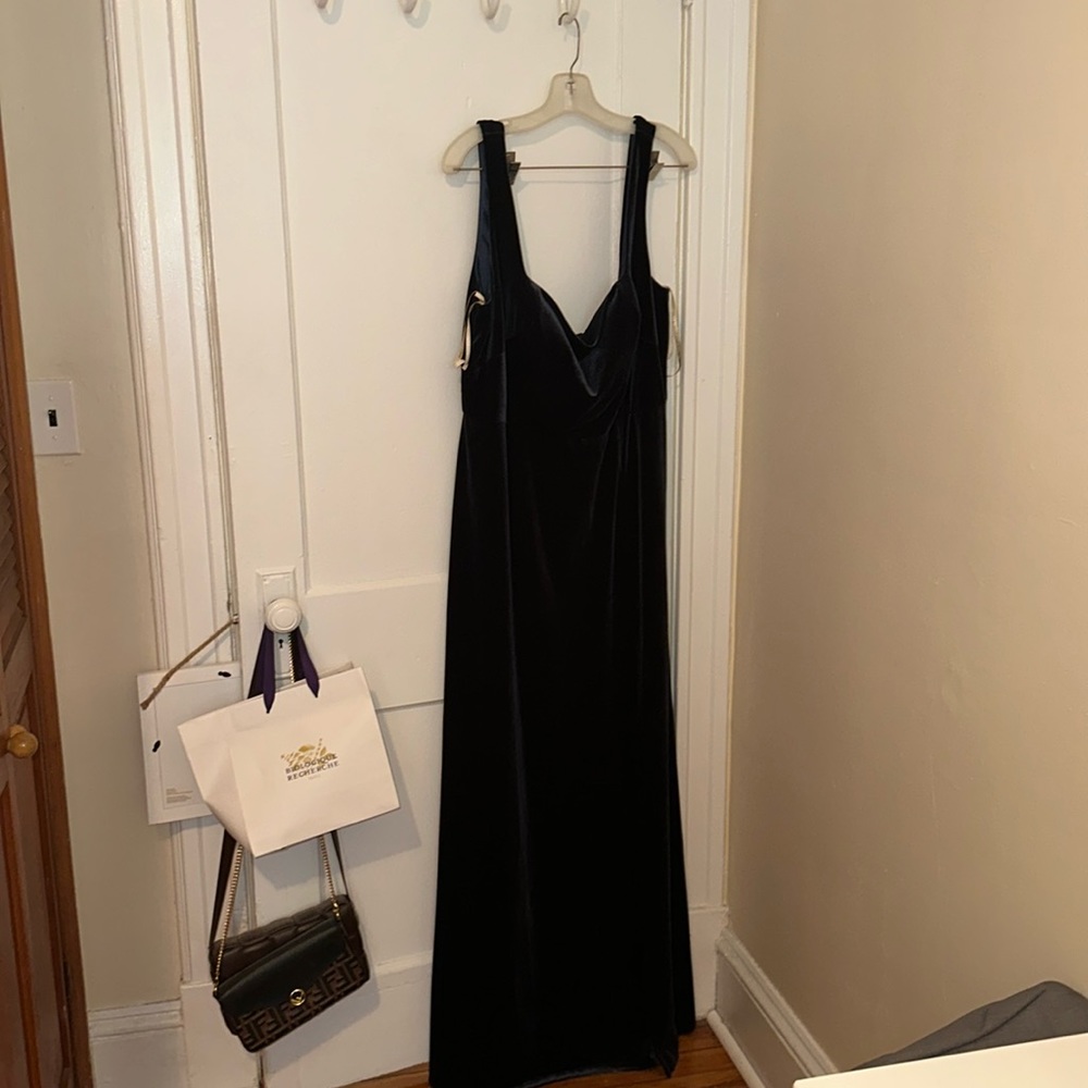 A navy blue velvet Jenny yoo dress